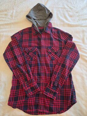 21 Men Plaid Collared Long Sleeve Shirt Snap Shut Hooded Size XS